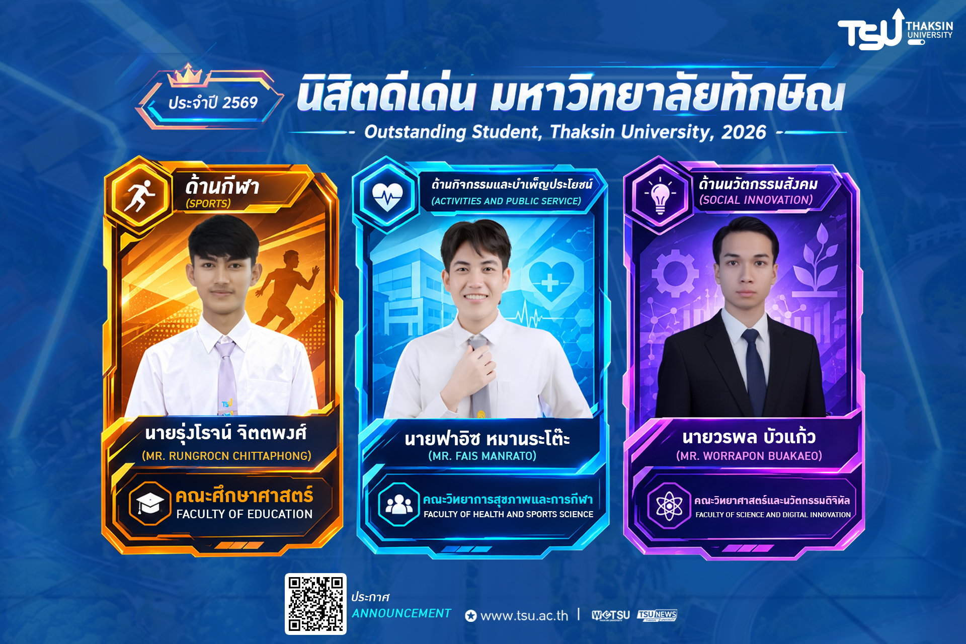 รายชื่อนิสิตดีเด่นมหาวิทยาลัยทักษิณ ประจำปี พ.ศ.2569
