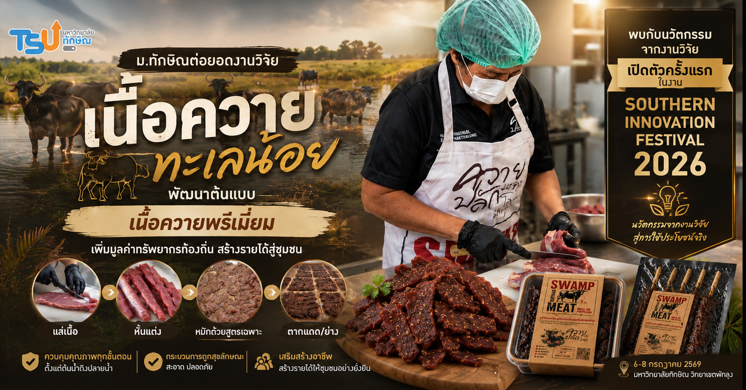 ม.ทักษิณต่อยอดงานวิจัย เนื้อควายทะเลน้อย สู่ผลิตภัณฑ์ชุมชน  เพิ่มมูลค่าทรั